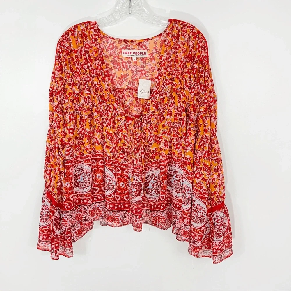 Free People Lorraine Tie Front Jacket in Mustard Combo Small NWT